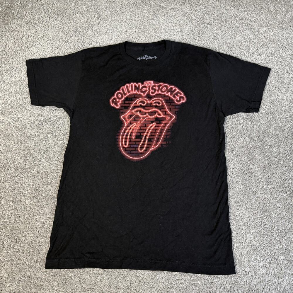 The Rolling Stones Shirt Mens M Black Neon Tongue Graphic Crew Neck Tagless